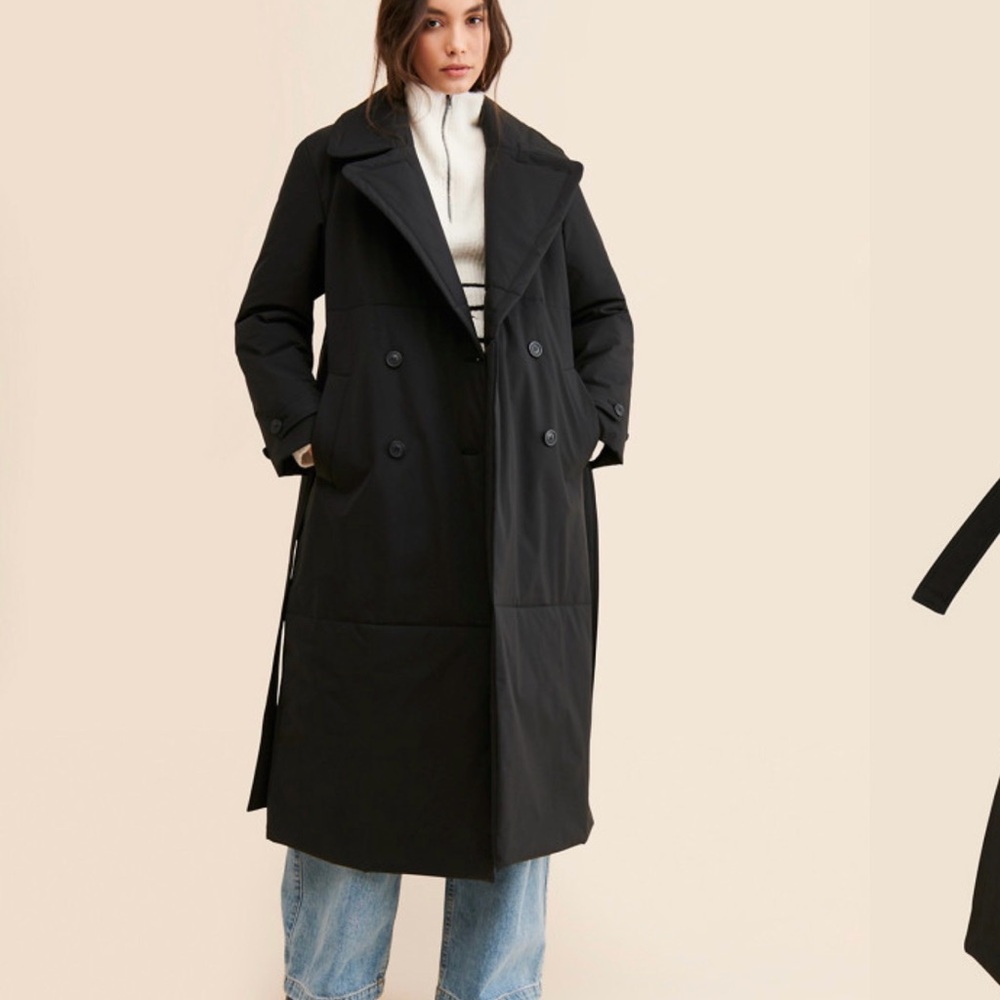 Free People Black Long Trench Coat with Tie Waist